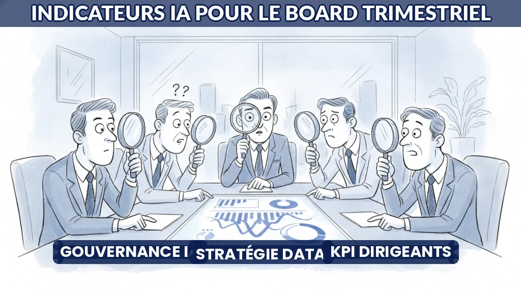 Illustration d'un tableau de bord IA avec indicateurs clés pour un comité de direction.
