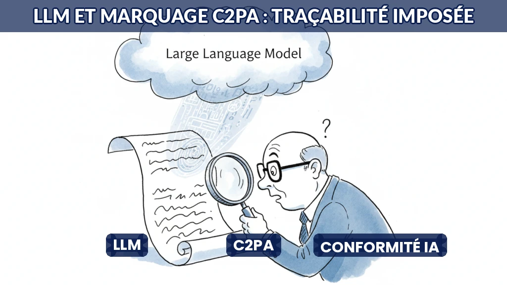 Illustration d'un document numérique marqué d'un filigrane invisible, symbolisant la traçabilité des contenus générés par IA.