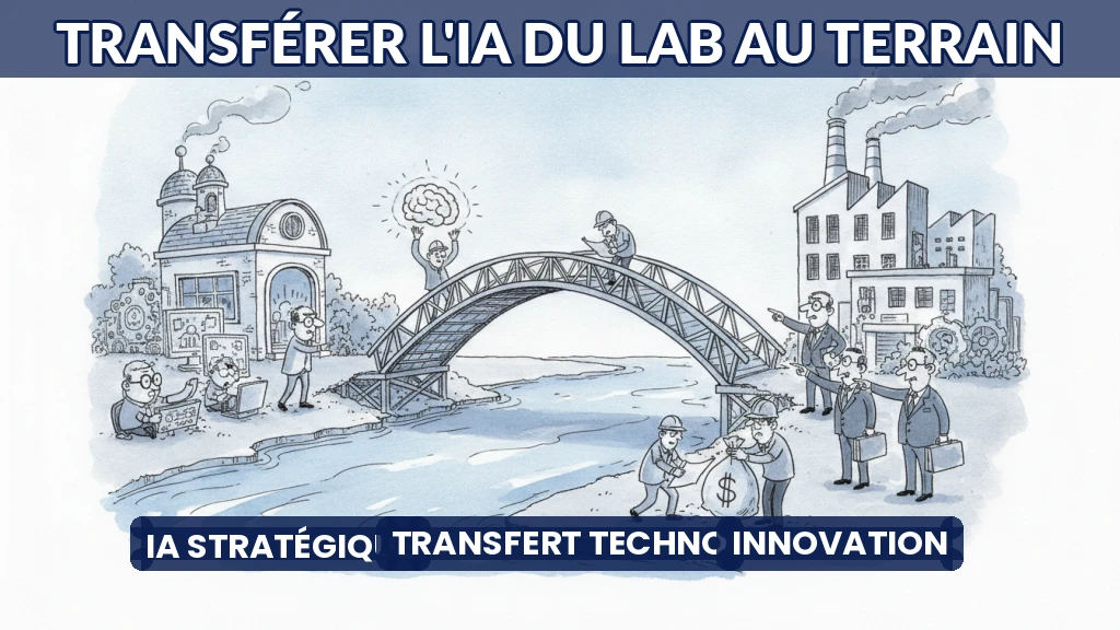 Illustration d'un pont reliant un laboratoire d'IA à une usine, symbolisant le transfert technologique.