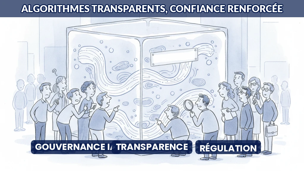 Illustration d'un algorithme transparent représenté comme une boîte ouverte avec des données visibles.