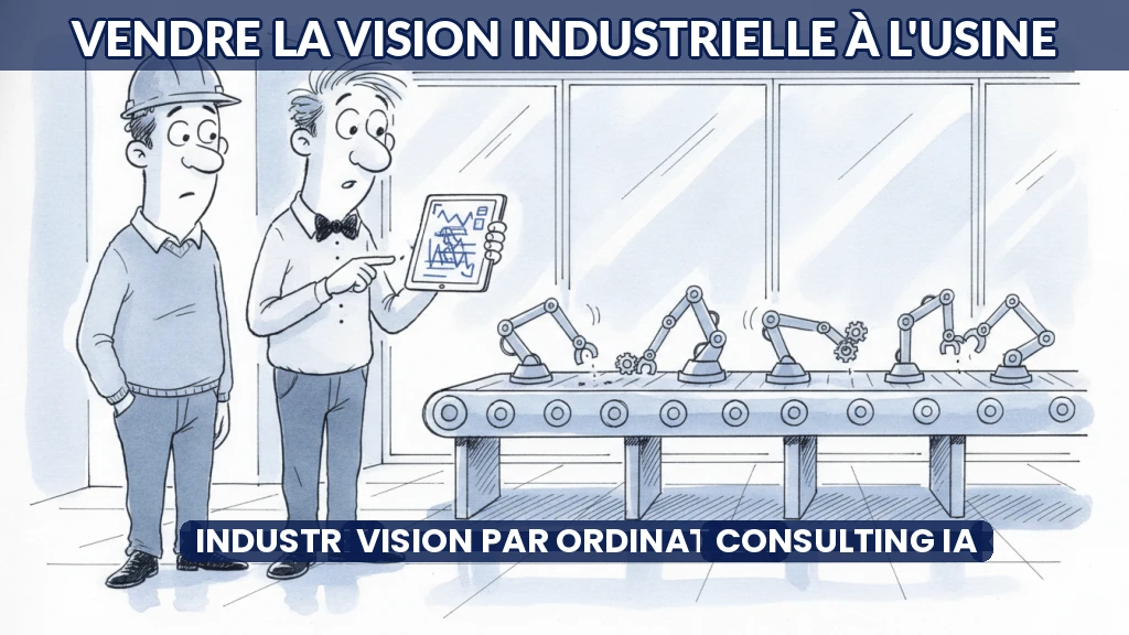 Illustration d'un consultant expliquant un écran de vision industrielle à un directeur d'usine.