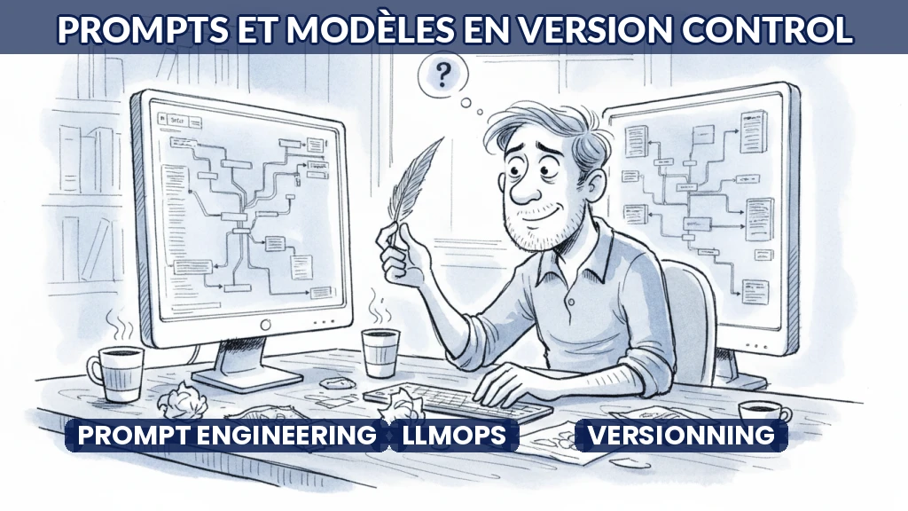 Illustration de prompts et modèles IA organisés comme du code versionné dans un système de gestion.