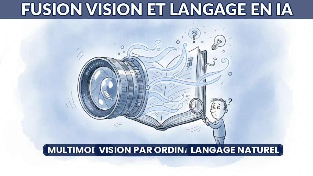 Illustration d'un réseau de neurones fusionnant images et texte pour l'intelligence artificielle.