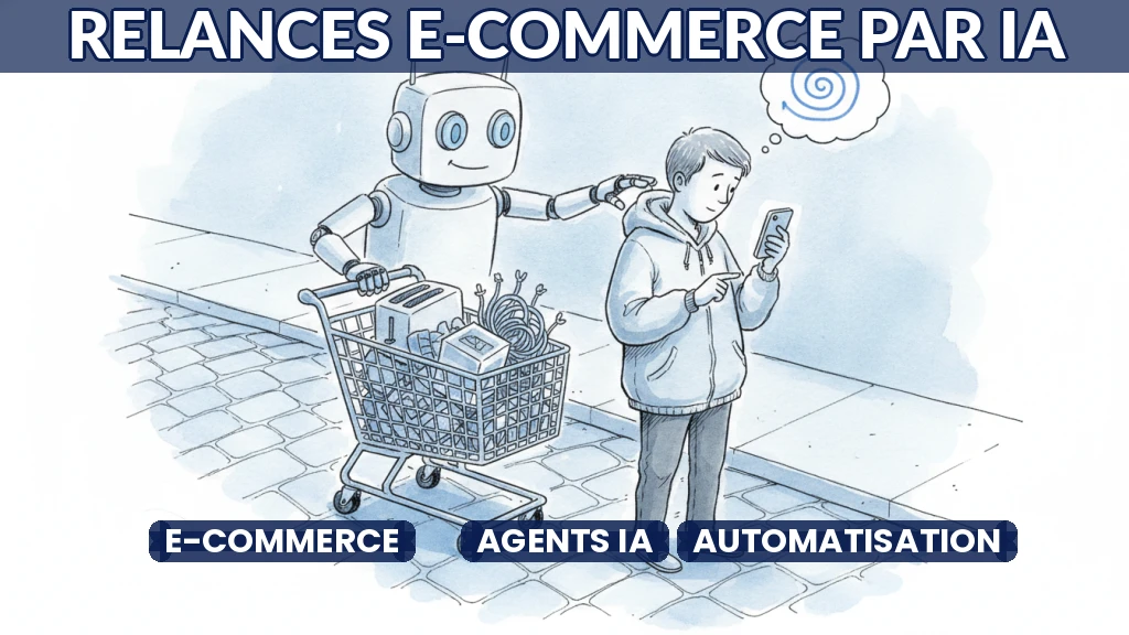 Illustration d'un panier d'achat en ligne abandonné, avec une main robotisée qui relance le client.