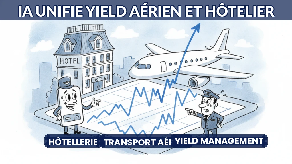 Illustration de données aériennes et hôtelières fusionnant via l'IA.