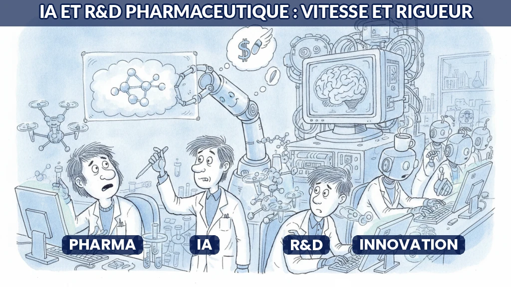 Illustration d'un laboratoire pharmaceutique utilisant l'IA pour accélérer la recherche.