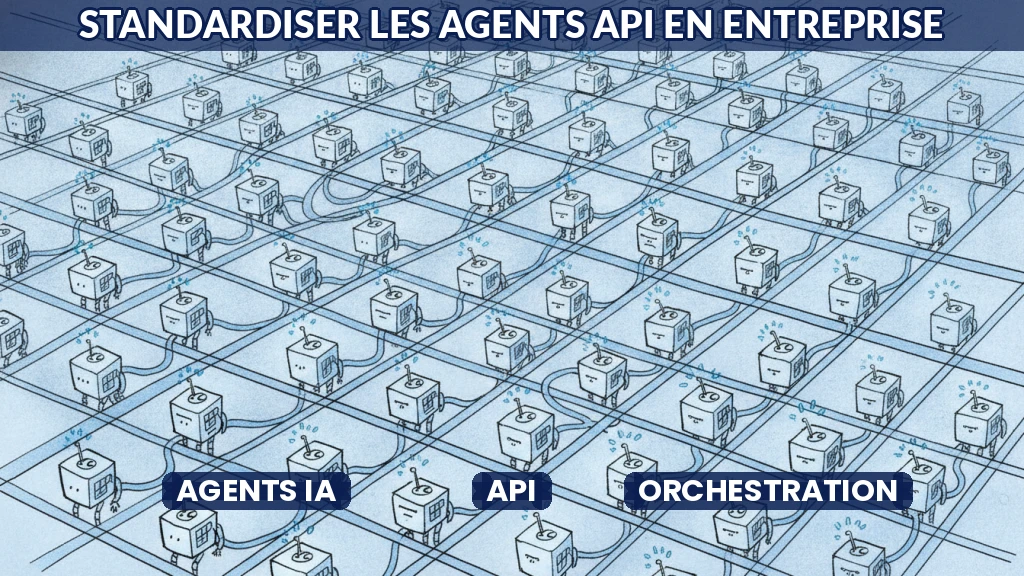 Illustration d'agents IA interconnectés via des API standardisées.