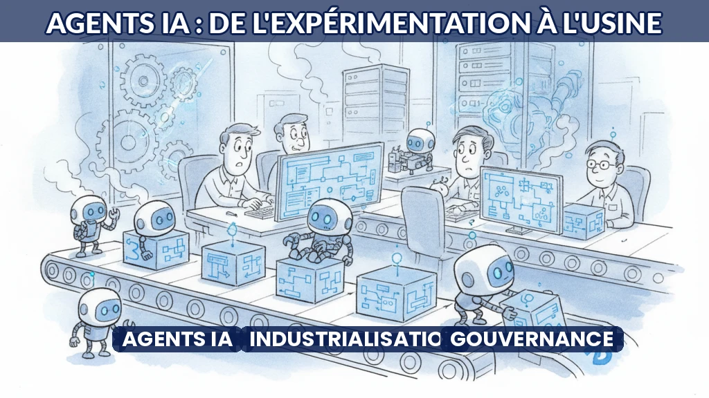 Illustration d'une usine logicielle où des agents IA collaborent avec des humains.