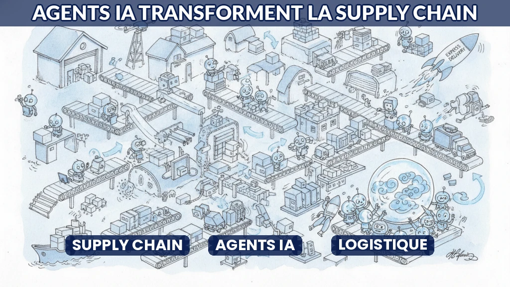 Illustration d'un réseau logistique optimisé par des agents IA, style dessin éditorial.