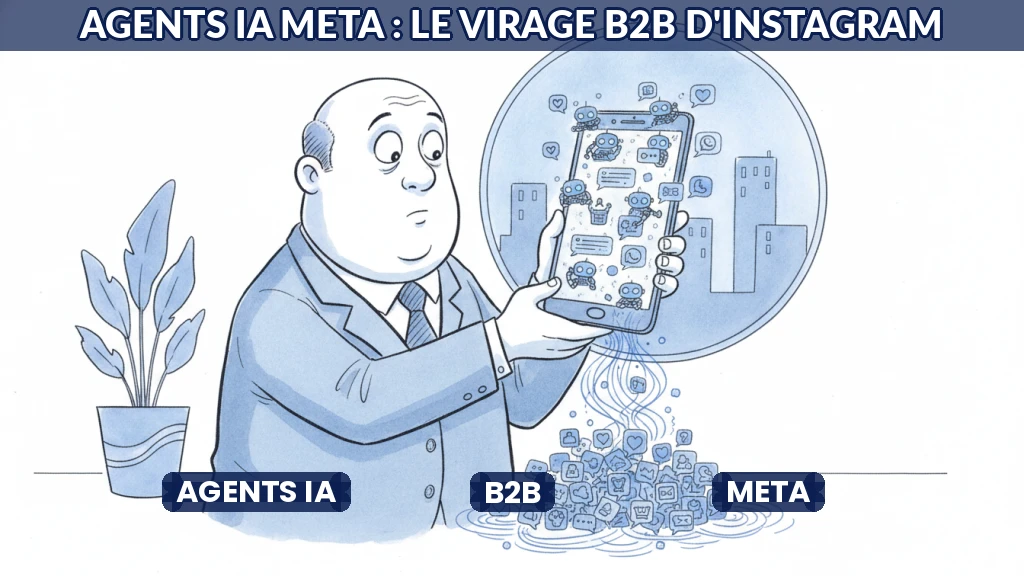 Illustration d'agents IA intégrés aux réseaux sociaux pour le service client.
