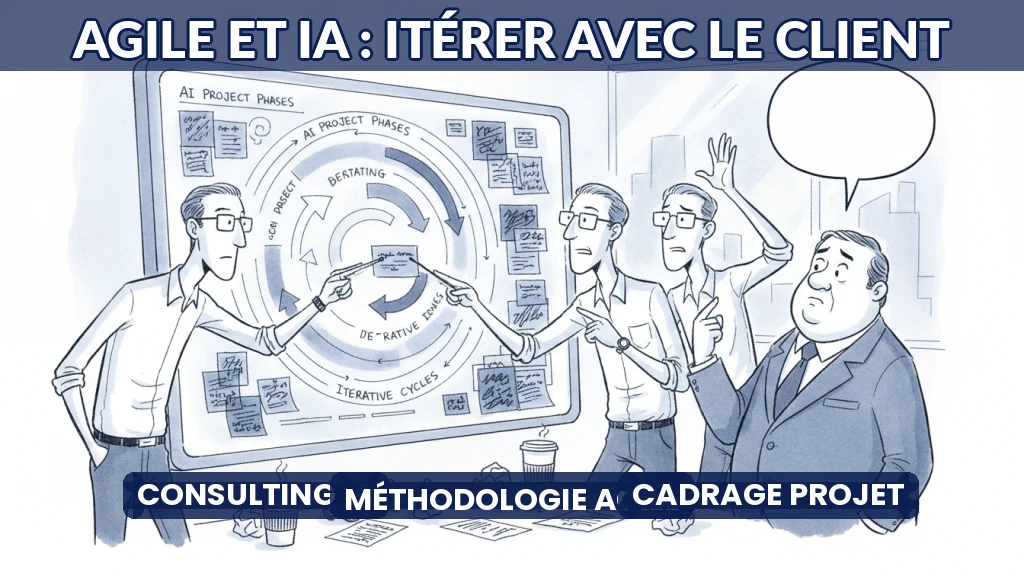 Illustration d'une équipe de consultants et clients collaborant en mode agile autour d'un projet d'IA.