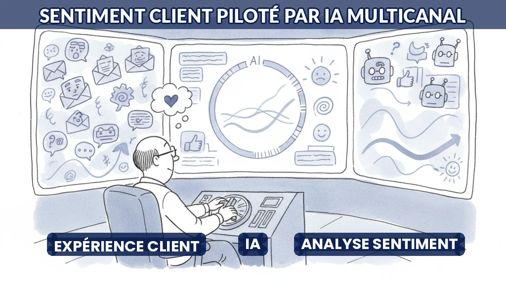 Illustration d'une analyse de sentiment multicanal par intelligence artificielle.