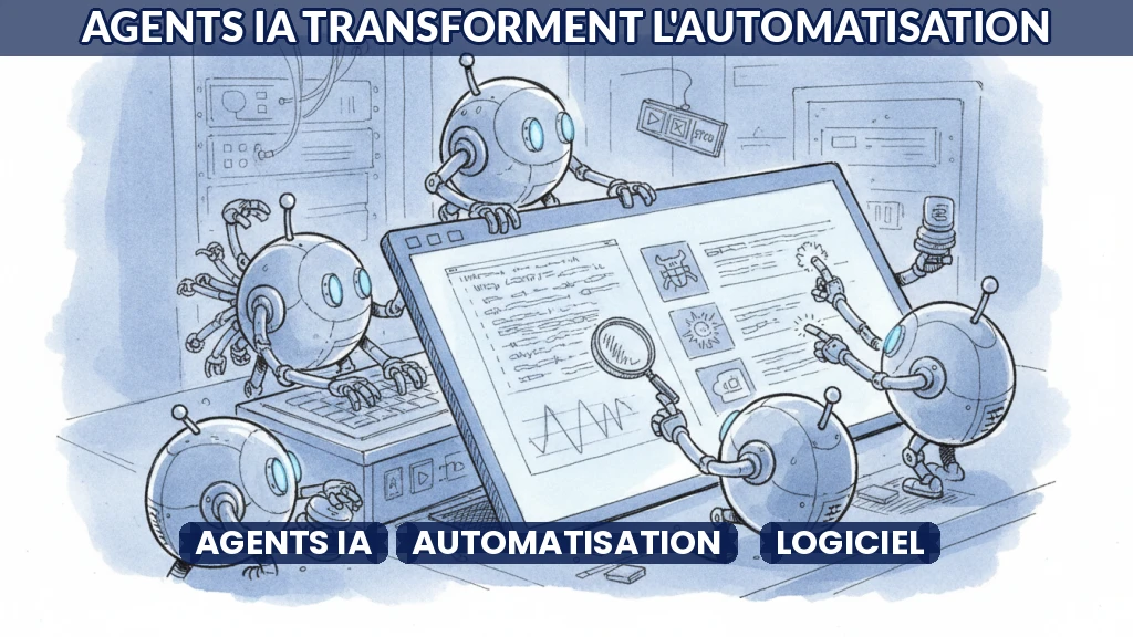 Illustration d'agents IA collaborant pour automatiser des tâches logicielles.