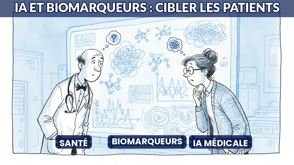 Illustration d'un réseau de données médicales analysé par intelligence artificielle pour identifier des biomarqueurs.