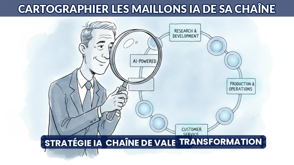 Illustration d'une chaîne de valeur simplifiée avec des maillons mis en évidence par des flèches.