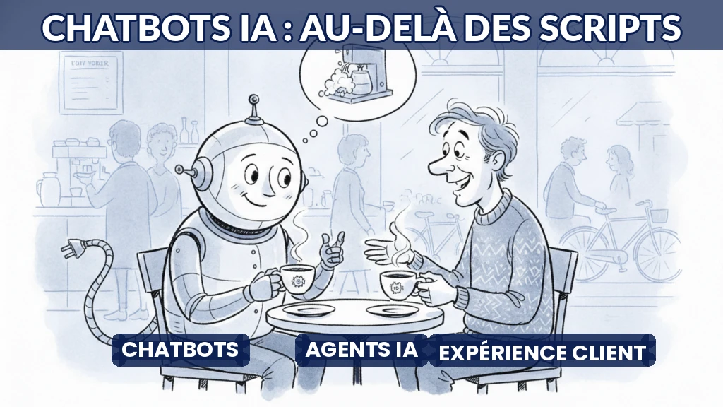 Illustration d'un chatbot moderne dialoguant naturellement avec un utilisateur.