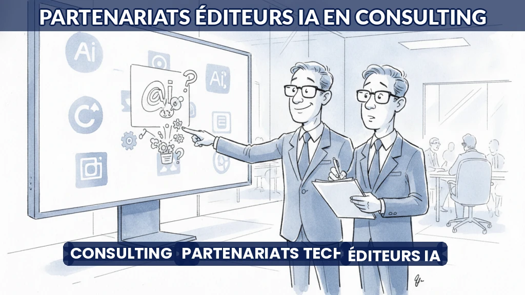 Illustration de deux professionnels échangeant devant un écran affichant des logos d'éditeurs IA.