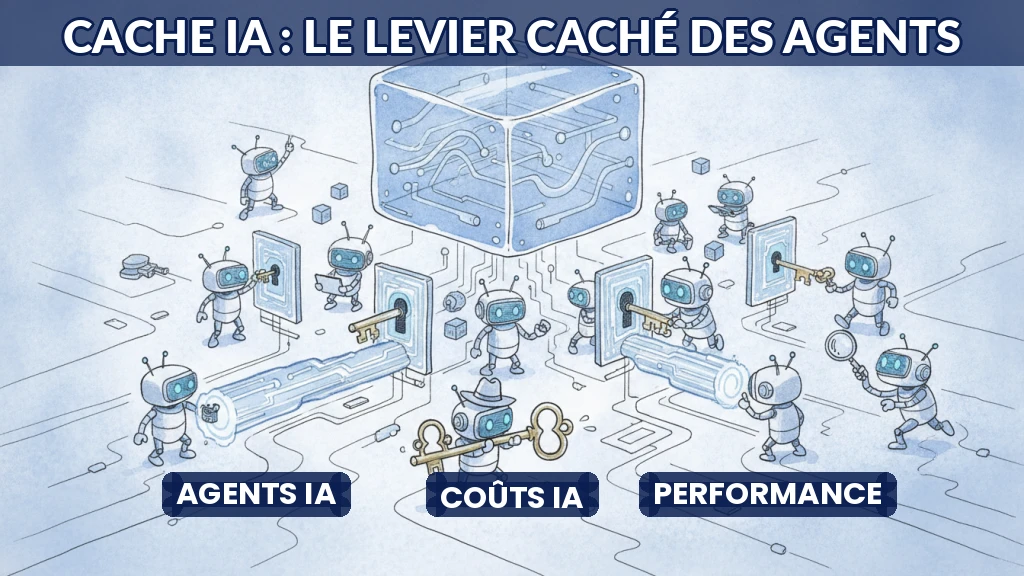 Illustration d'un cache mémoire alimentant des agents IA en réseau.