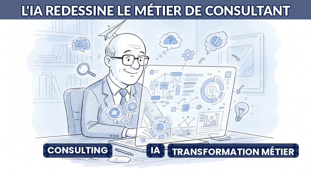Consultant utilisant une interface d'IA pour analyser des données et formuler des recommandations.