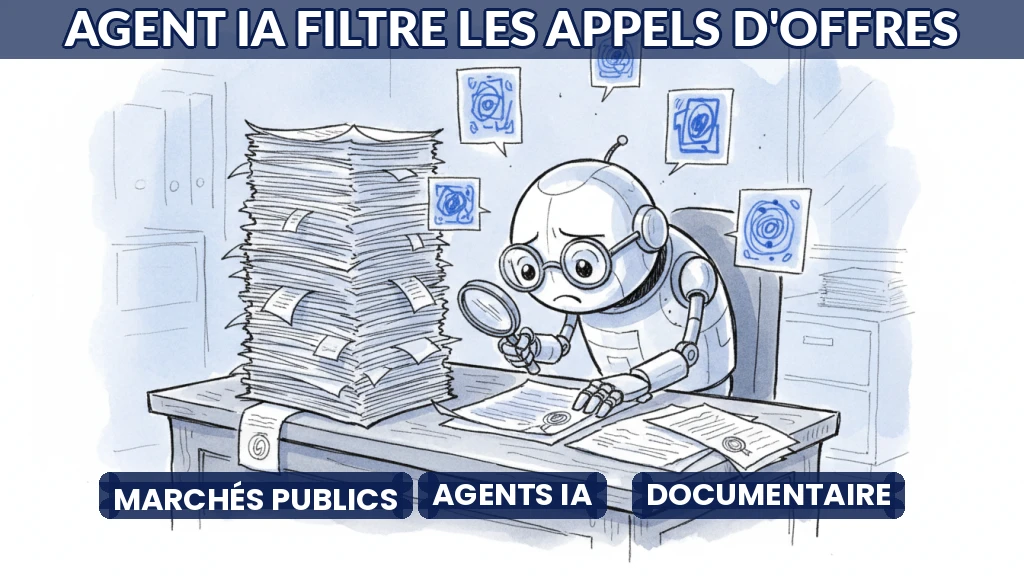 Agent IA analysant des documents d'appels d'offres sur un écran numérique
