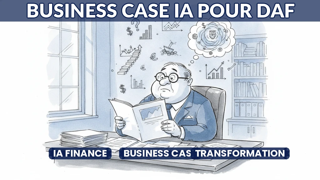 Illustration d'un directeur financier examinant un dossier IA avec des graphiques et données financières.