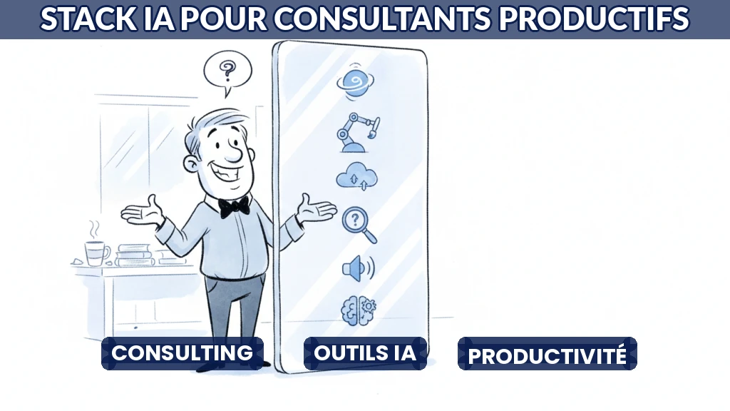 Un consultant devant un écran affichant des outils IA organisés en stack.