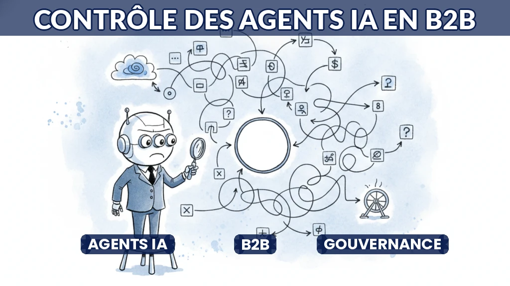 Illustration d'un agent IA surveillant des processus métiers en temps réel.