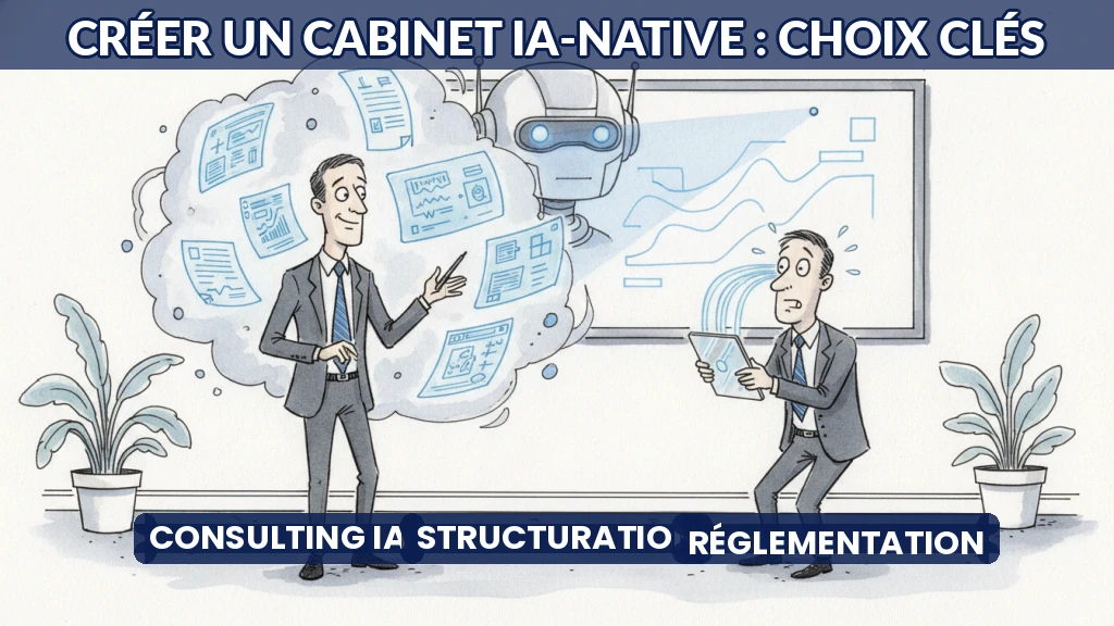 Illustration d'un cabinet de consulting spécialisé en IA avec des éléments juridiques et organisationnels.