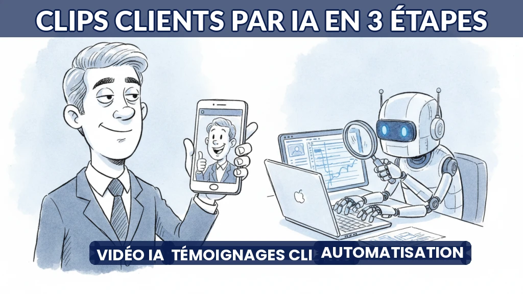 Illustration de témoignages clients transformés en clips vidéo par l'IA.