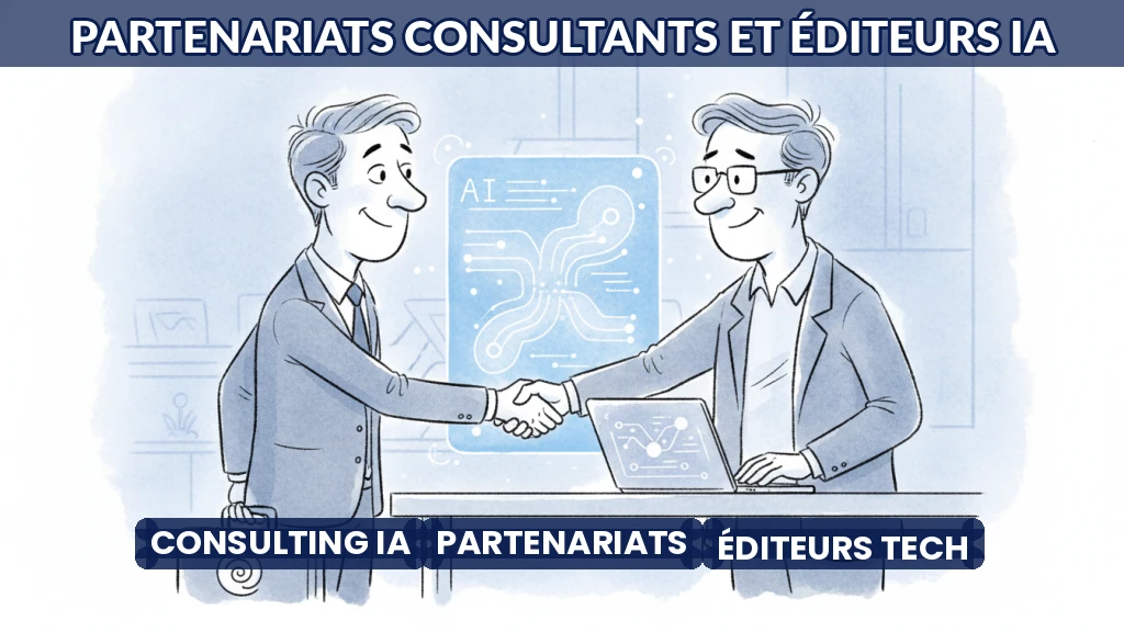 Deux professionnels échangent autour d'un écran affichant des flux de données IA.