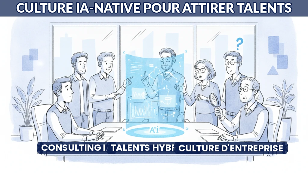 Illustration d'une équipe de consultants travaillant avec des outils d'IA dans un environnement collaboratif.