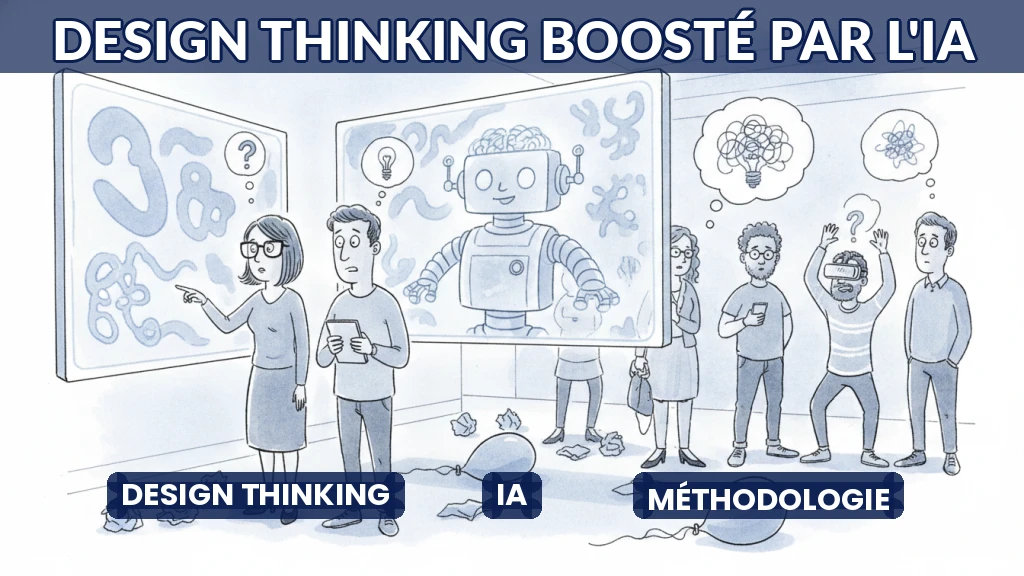 Illustration d'un atelier de design thinking intégrant des outils d'intelligence artificielle.