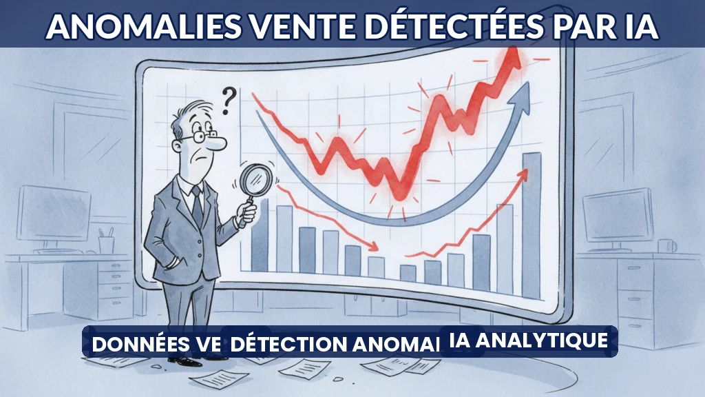 Illustration d'un tableau de bord numérique analysant des données de vente avec des alertes d'anomalies.