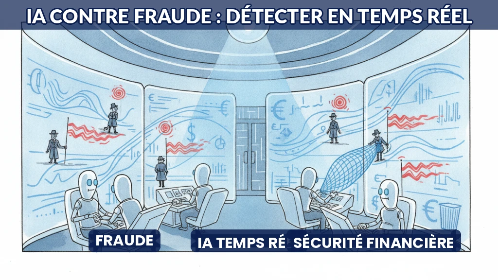 Illustration d'un système de détection de fraude par IA analysant des flux de données en temps réel.