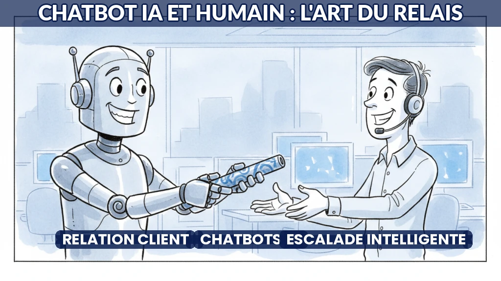 Illustration d'un chatbot passant le relais à un humain pour résoudre une demande client.