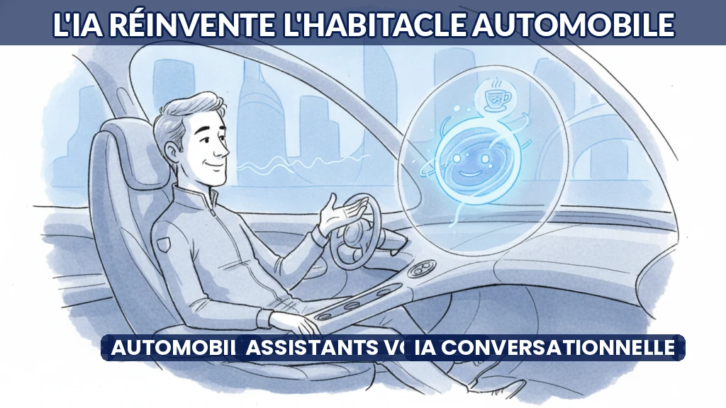 Illustration d'un habitacle automobile futuriste avec interface vocale IA et écrans tactiles interactifs.