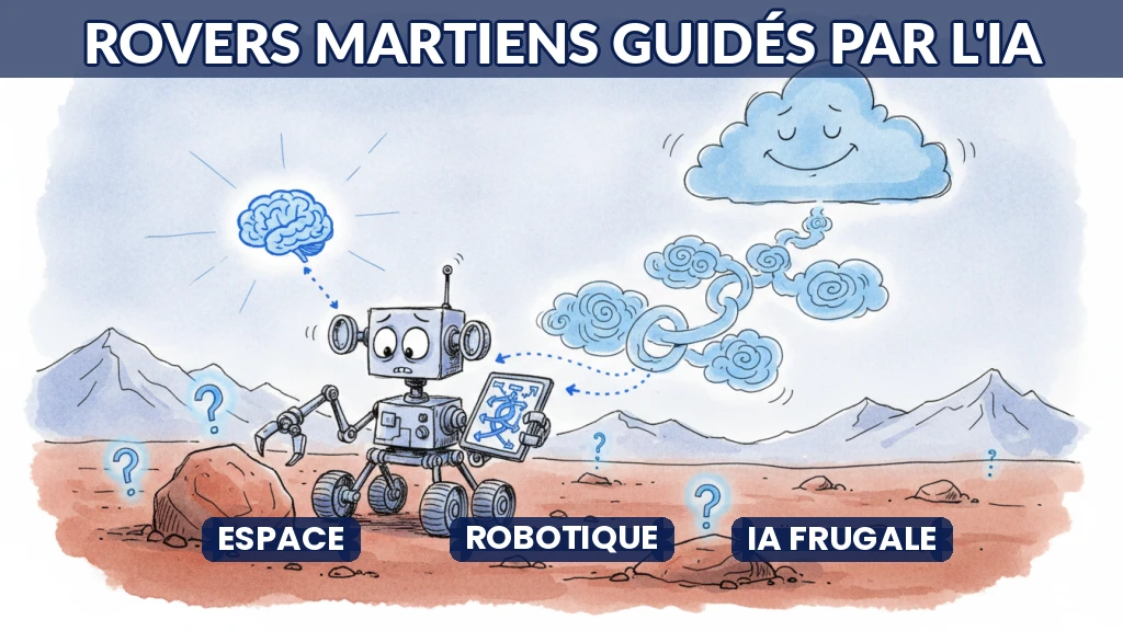 Illustration d'un rover martien équipé d'intelligence artificielle en exploration.
