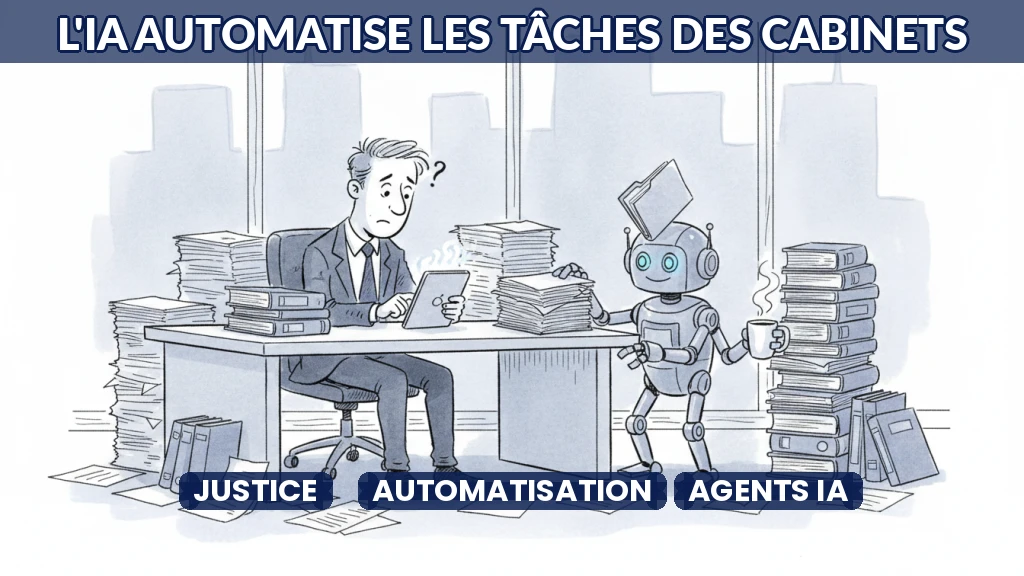 Illustration d'un bureau d'avocats moderne utilisant l'intelligence artificielle pour automatiser les tâches.