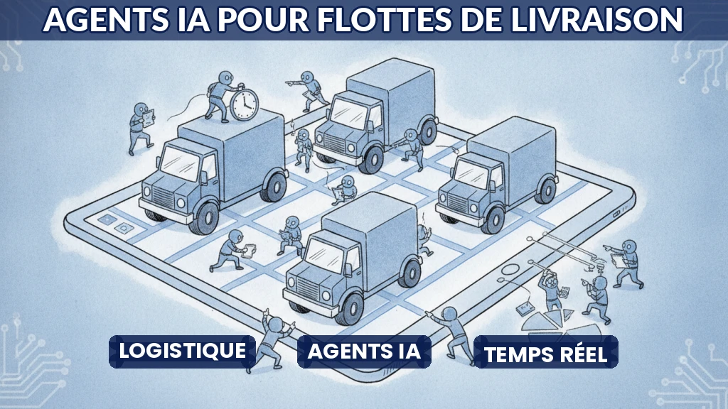 Camion de livraison connecté à un réseau d'agents IA visualisé en temps réel