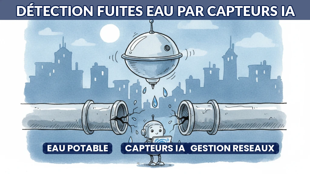 Illustration de capteurs intelligents détectant une fuite d'eau sur un réseau urbain.