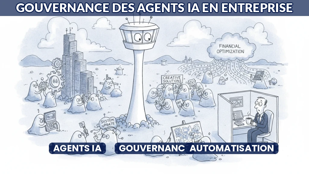 Illustration d'un réseau d'agents IA coordonnés par une gouvernance centrale.