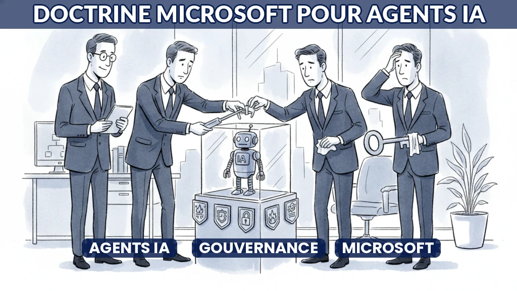 Illustration d'un agent IA sécurisé dans un environnement d'entreprise, avec des protocoles de gouvernance visibles.