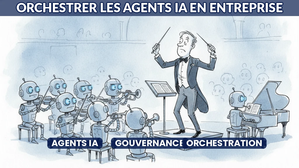 Illustration d'un chef d'orchestre dirigeant des robots symbolisant des agents IA en entreprise.