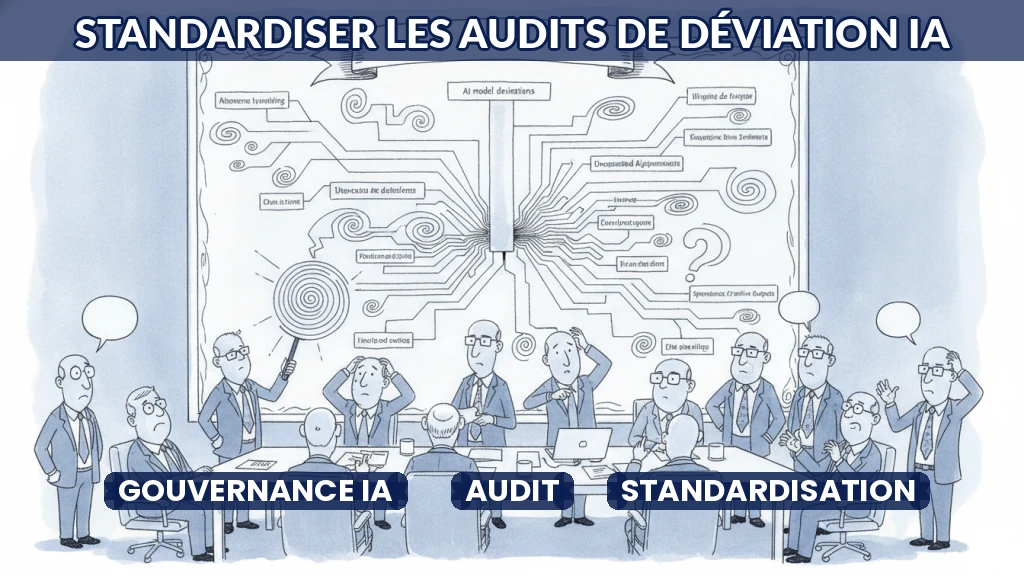 Illustration d'un audit de déviation en IA avec des graphiques et des flux de données.