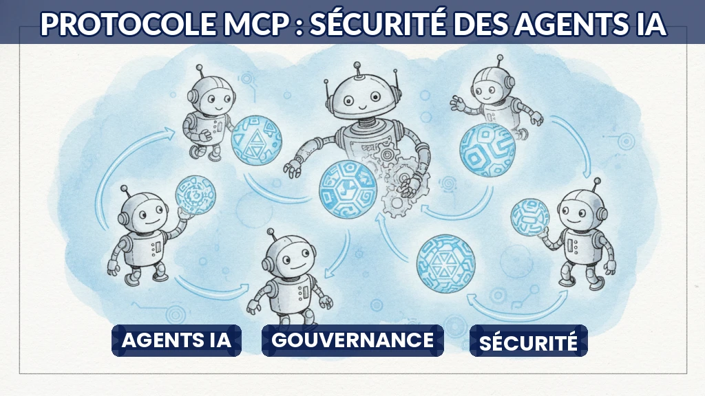 Illustration d'un réseau sécurisé d'agents IA échangeant via le protocole MCP.