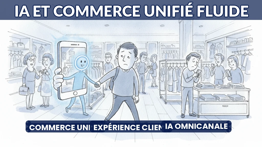 Illustration d'un client passant du smartphone au magasin avec une expérience fluide grâce à l'IA.