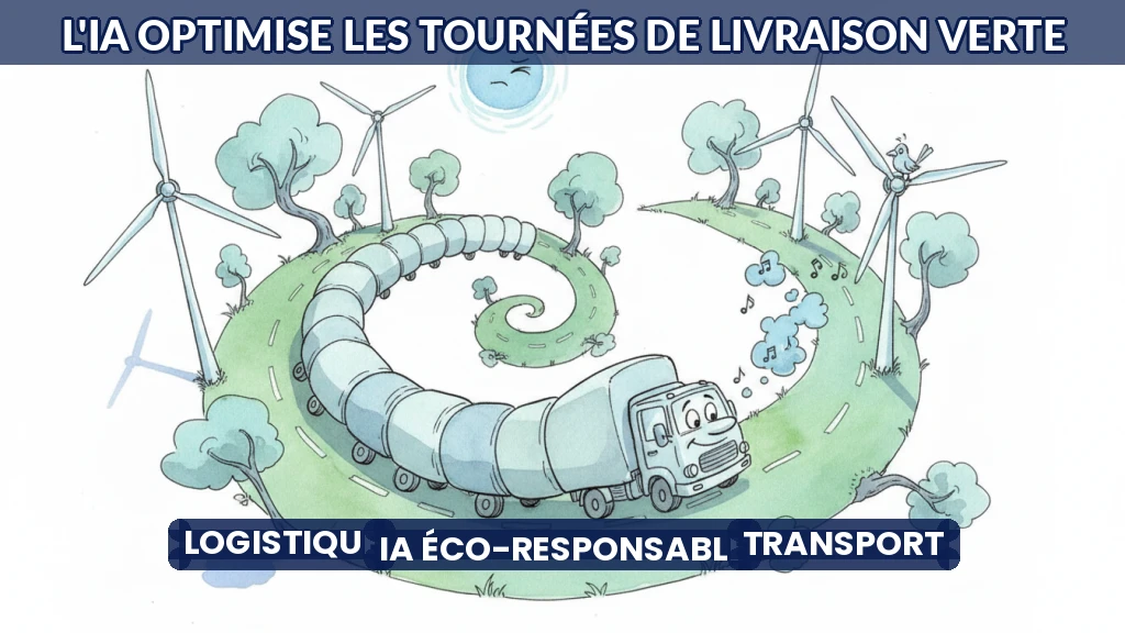 Camion de livraison sur une route optimisée par l'IA, entourée de verdure.