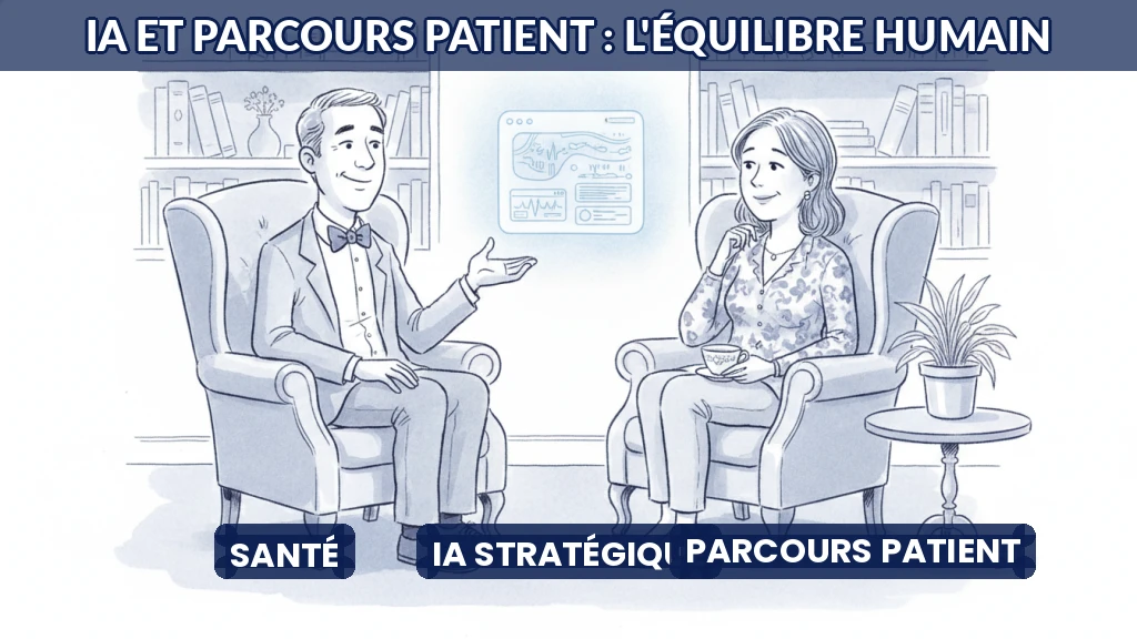 Illustration d'un médecin et d'un patient avec une interface IA discrète en arrière-plan.