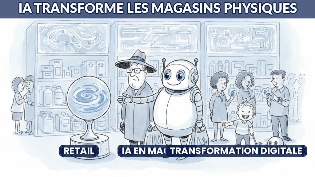 Illustration d'un magasin physique utilisant l'intelligence artificielle pour optimiser ses opérations.