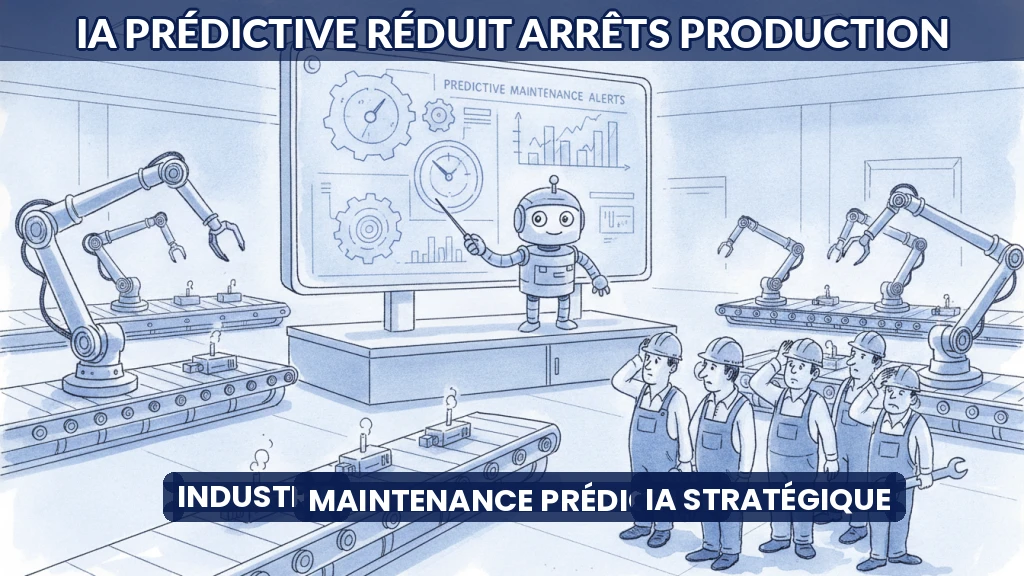 Usine moderne avec écrans affichant des alertes de maintenance prédictive par IA.